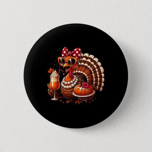 Turkey Drinking Coffee Bow Thanksgiving Womens Tur Ronde Button 5,7 Cm (Voorkant)