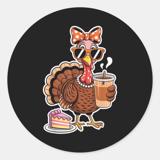 Turkey Drinking Coffee Bow Thanksgiving Womens Tur Ronde Sticker (Voorkant)