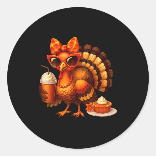 Turkey Drinking Coffee Bow Thanksgiving Womens Tur Ronde Sticker (Voorkant)