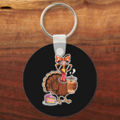 Turkey Drinking Coffee Bow Thanksgiving Womens Tur Sleutelhanger (Voorkant)