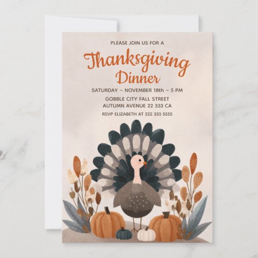 Turkey& Fall Foliage Pastel Thanksgiving Dinner Kaart (Voorkant)