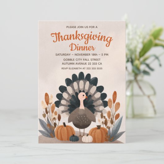 Turkey& Fall Foliage Pastel Thanksgiving Dinner Kaart (Staand voorkant)