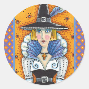 TURKEY FEATHER WITCH, A SALEM THANKSGIVING, FOLK RONDE STICKER