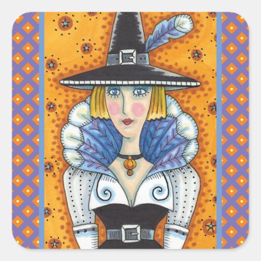 TURKEY FEATHER WITCH, A SALEM THANKSGIVING, FOLK VIERKANTE STICKER (Voorkant)