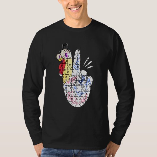 Turkey Peace Hand Sign Puzzle Autism Thanksgiving  T-shirt (Voorkant)