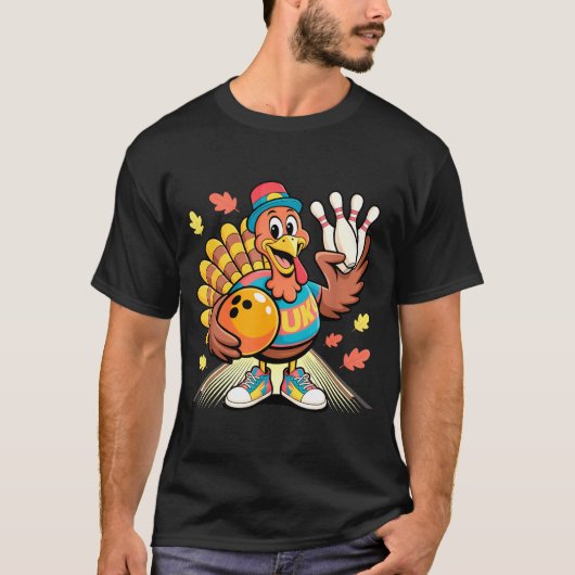 Turkey Playing Bowling Thanksgiving Turkey Tail Bo T-shirt (Voorkant)