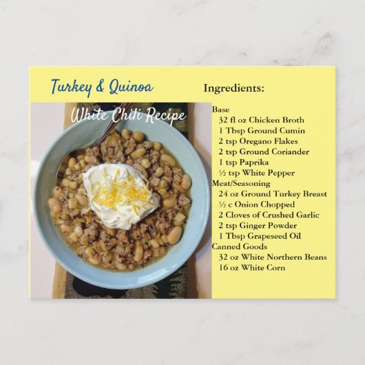 Turkey Quinoa White Chili Recipe Postcard Briefkaart (Voorkant)