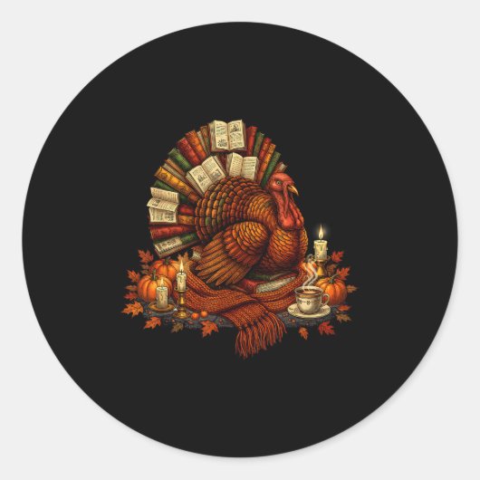 Turkey Reading Books Fall Season Thanksgiving Teac Ronde Sticker (Voorkant)