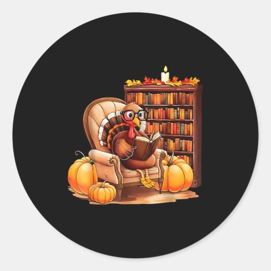 Turkey Reading Books Fall Thanksgiving Teacher Boo Ronde Sticker (Voorkant)