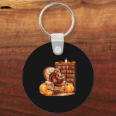 Turkey Reading Books Fall Thanksgiving Teacher Boo Sleutelhanger (Voorkant)