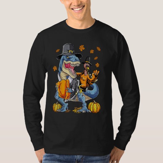 Turkey Riding Dinosaur rex Thanksgiving  Pilgrim B T-shirt (Voorkant)
