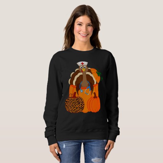 Turkey Stethoscope Nurse Pumpkin Leopard Print Tha Trui (Voorkant volledig)