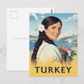 Turkey Travel Poster Smiling Woman and Coastal Briefkaart (Voorkant / Achterkant)