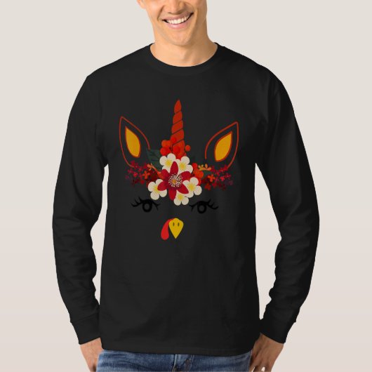 Turkey Unicorn Face Flower Thanksgiving Pilgrim Gi T-shirt (Voorkant)