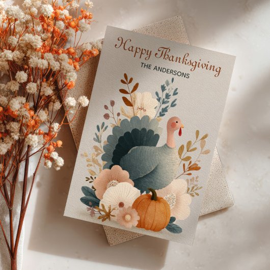 Turkey with Fall Foliage Happy Thanksgiving Pastel Feestdagenkaart