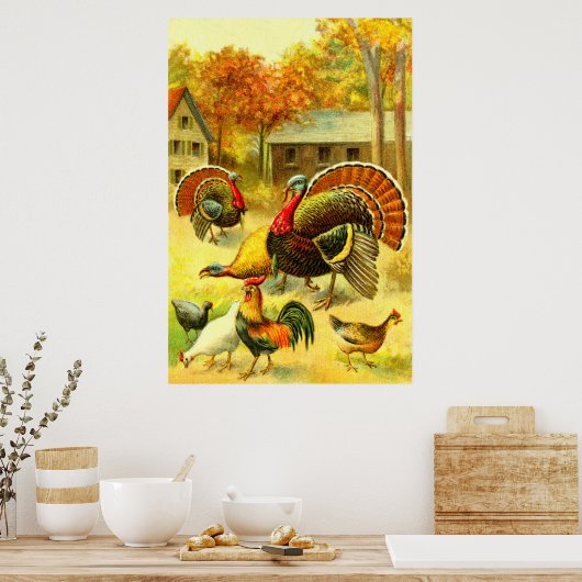 Turkeys and chickens art poster (Keuken)