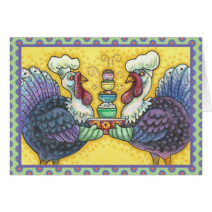 TURKEYS IN KITCHEN THANKSGIVING WENSKAART B