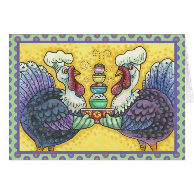 TURKEYS IN KITCHEN THANKSGIVING WENSKAART B (Voorkant Horizontaal)