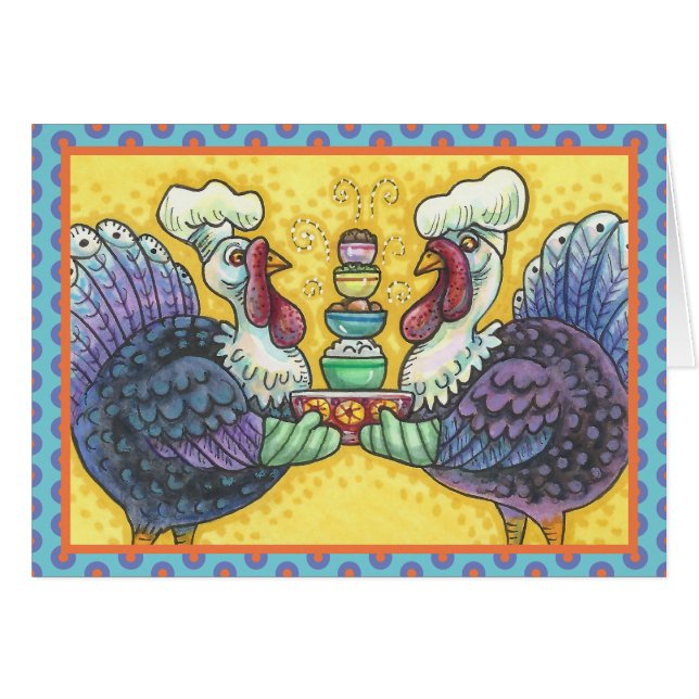 TURKEYS IN KITCHEN THANKSGIVING WENSKAART B (Voorkant Horizontaal)
