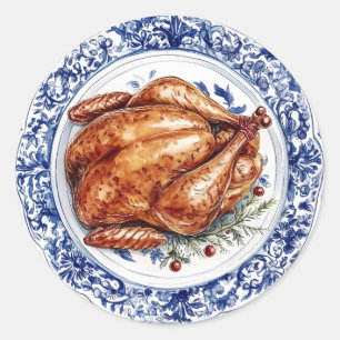 Turkije Diner op een Blue Chinoiserie Bord Ronde Sticker