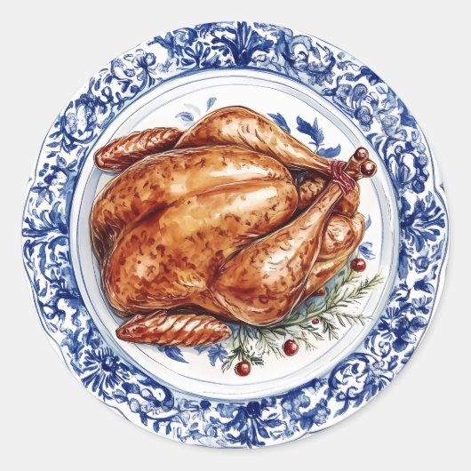 Turkije Diner op een Blue Chinoiserie Bord Ronde Sticker (Voorkant)