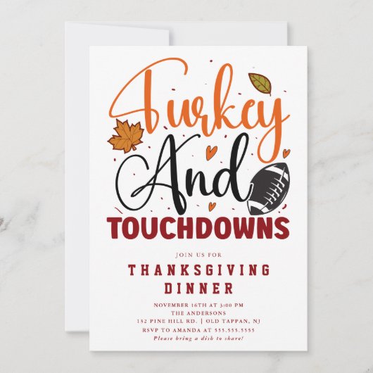 Turkije en Touchdowns Thanksgiving Diner Kaart (Voorkant)