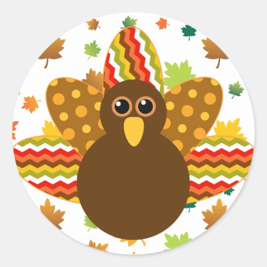 🦃 Turkije met kleurrijke veren, met bladeren Ronde Sticker (Voorkant)