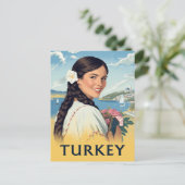 Turkije Reisposter Glimlachende Vrouw en Kust Briefkaart (Staand voorkant)
