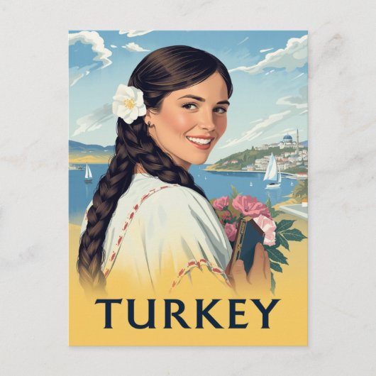 Turkije Reisposter Glimlachende Vrouw en Kust Briefkaart (Voorkant)