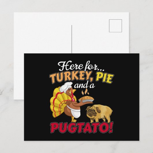 Turkije, taart en een Pugtato Thanksgiving Pug Dog Briefkaart (Voorkant / Achterkant)