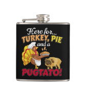 Turkije, taart en een Pugtato Thanksgiving Pug Dog Heupfles (Voorkant)