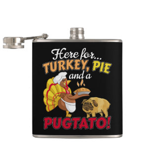 Turkije, taart en een Pugtato Thanksgiving Pug Dog Heupfles