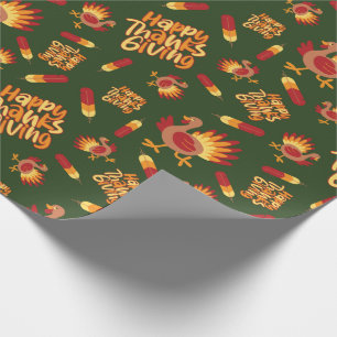 Turkije, Veer en Happy Thanksgiving Donkergroen Cadeaupapier