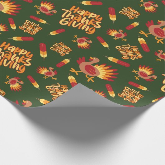 Turkije, Veer en Happy Thanksgiving Donkergroen Cadeaupapier (Hoek)