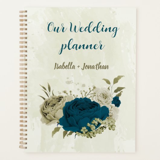 türkisblauwe beige bloemige bruiloft planner (Voorkant)