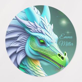 Türkiser Drache, fantasievolle Digital Art Labels