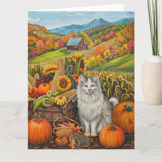 Turkish Angora Cat Autumn Harvest Thanksgiving Kaart (Voorkant)