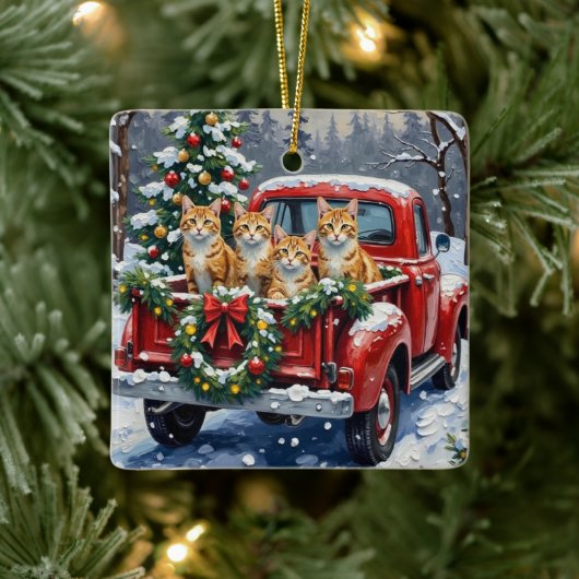 Turkish Angora Cat Christmas Red Truck Holiday Keramisch Ornament (Boom)