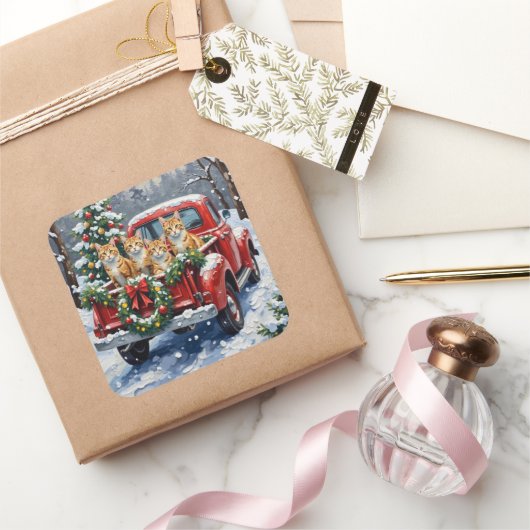Turkish Angora Cat Christmas Red Truck Holiday Vierkante Sticker (Geschenken)