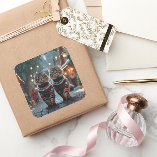 Turkish Angora Cats Christmas Snow Holiday Vierkante Sticker (Geschenken)