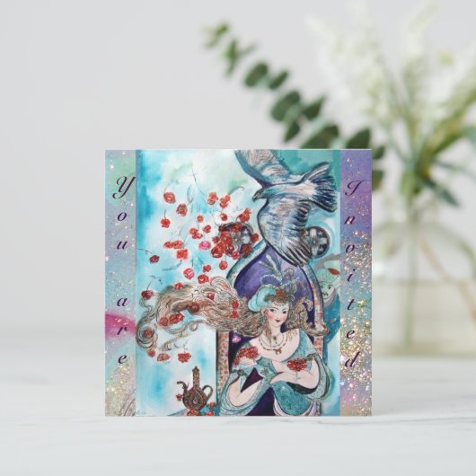 TURKISH FAIRY TALE, heldere rode blauwe roze sparr Kaart (Staand voorkant)