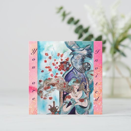 TURKISH FAIRY TALE, heldere rode blauwe roze sparr Kaart (Staand voorkant)