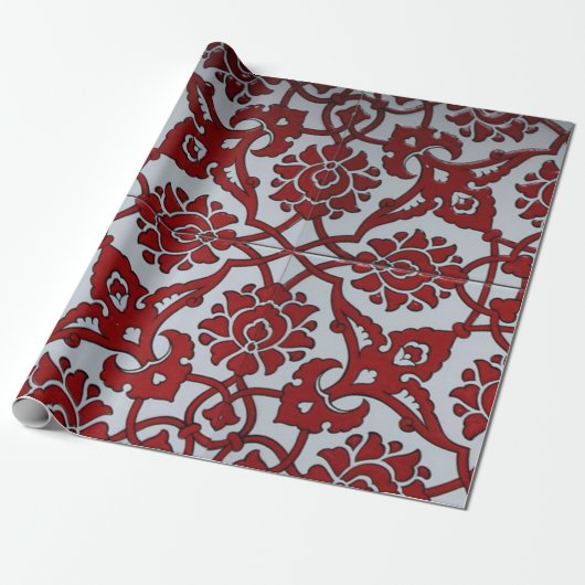 Turkish Rood Keramisch Bloemmotief Cadeaupapier (Uitgerold)