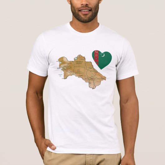 Turkmenistan Flag Heart en Map T-Shirt (Voorkant)