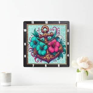 turkoois anker nautisch ontwerp vierkante klok