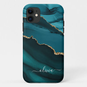 Turkoois Aqua Blauw Groen Agat Geode Goud Monogram Case-Mate iPhone Case
