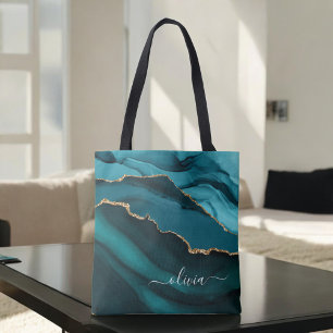 Turkoois Aqua Blauw Groen Agat Geode Goud Monogram Tote Bag