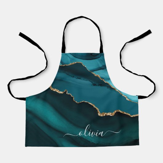 Turkoois Aqua Blauw Groen Geode Goud Monogram Schort (Voorkant)