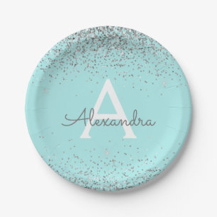 Turkoois Aqua Blauwe Glitter Glans Monogram Verjaa Papieren Bordje
