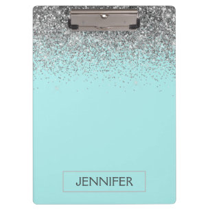 Turkoois Aqua Blauwe Zilveren Glitter Meisjesnaam Klembord